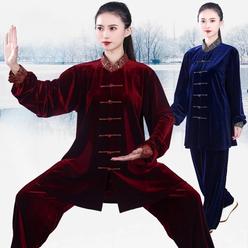 Golden Velvet Tai Chi Suit Thickened Autumn and Winter Martial Arts Tai Chi Performance Kung Fu Morning Sports Outdoor Clothes