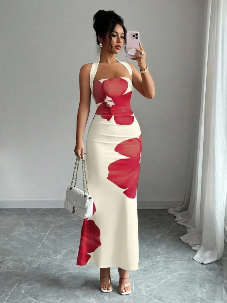 

Women's Casual Dress Summer Evening Dress Long Dress 2026 Spring New Low Neckline Back Opening Printed Pattern Women's Clothes