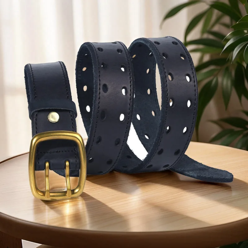

Pure cowhide men's belt with double row perforated belt casual and versatile temperament retro leather belt for men