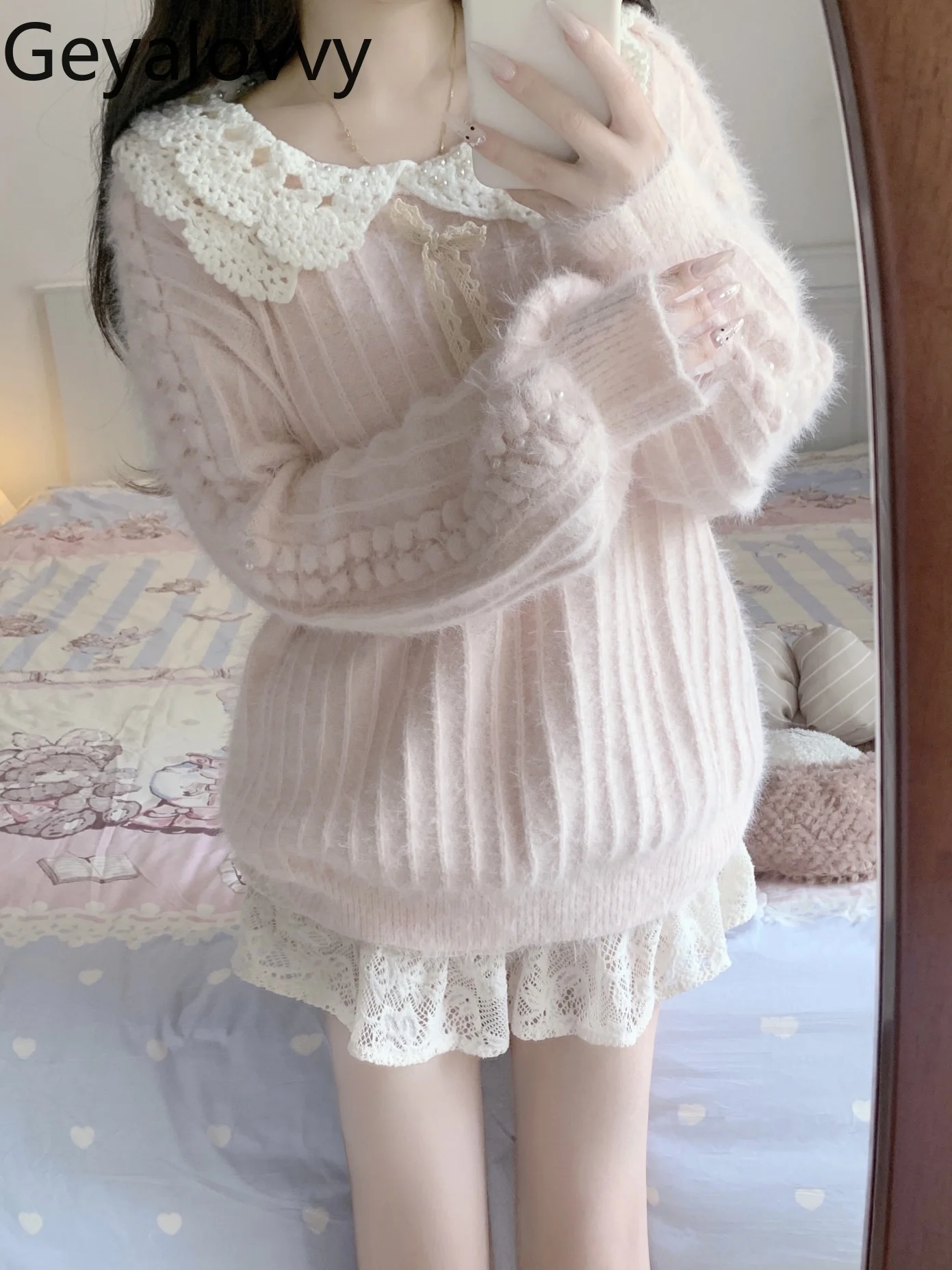 

Розовый вязаный свитер с кукольным воротником из бисера, милый милый женский осенне-зимний универсальный верхняя одежда, пуловер с бантом, топы