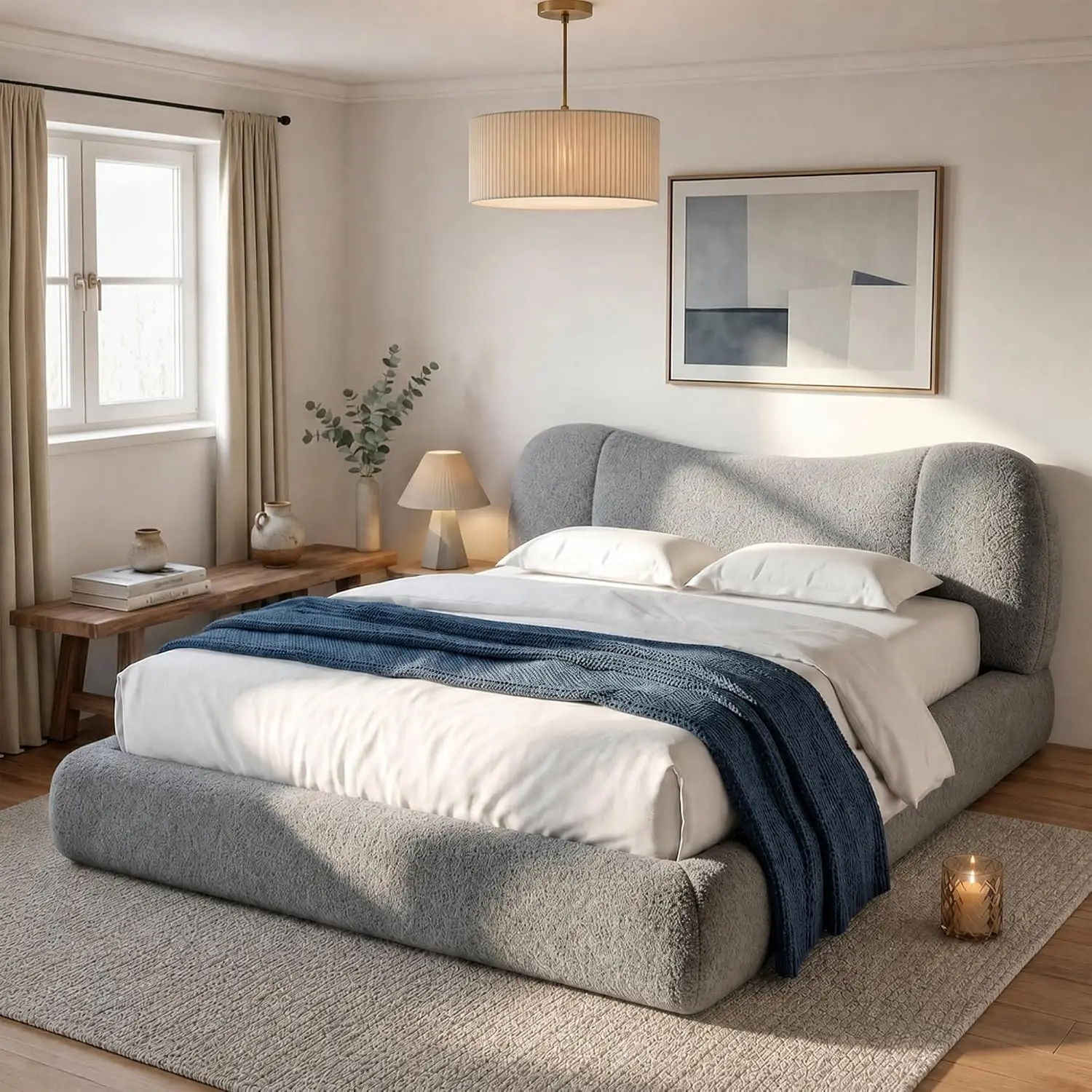 Queen Upholstered Bed Frame with Elephant Ear Headboard, Fabric Platform No Box Spring Needed, Grey, Customized