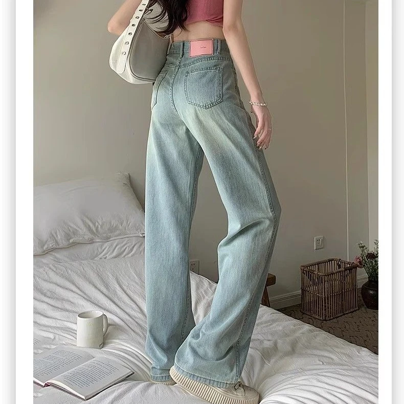

Женские джинсы с высокой талией, прямые брюки, новый светлый цвет, облегающие широкие брюки, миниатюрная драпировка, длина до пола, женские брюки, джинсы