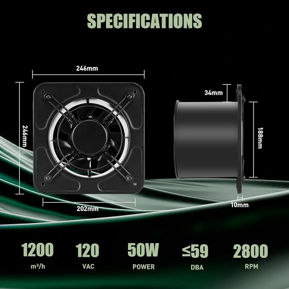8 Inch High Efficiency Exhaust Fan Wall Mounted Ventilator 1200 m³/h Airflow Perfect Kitchen Garage Bathroom Attic