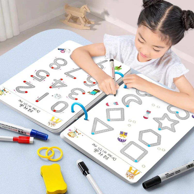 Juego de cuaderno de práctica mágica reutilizable de 32 páginas | Manual para el desarrollo del cerebro, la formación de la escritura y la educación de la pintura | Aprende a escribir habilidades, material de papel, encuadernación duradera | Páginas de colores | Regalo de Navidad