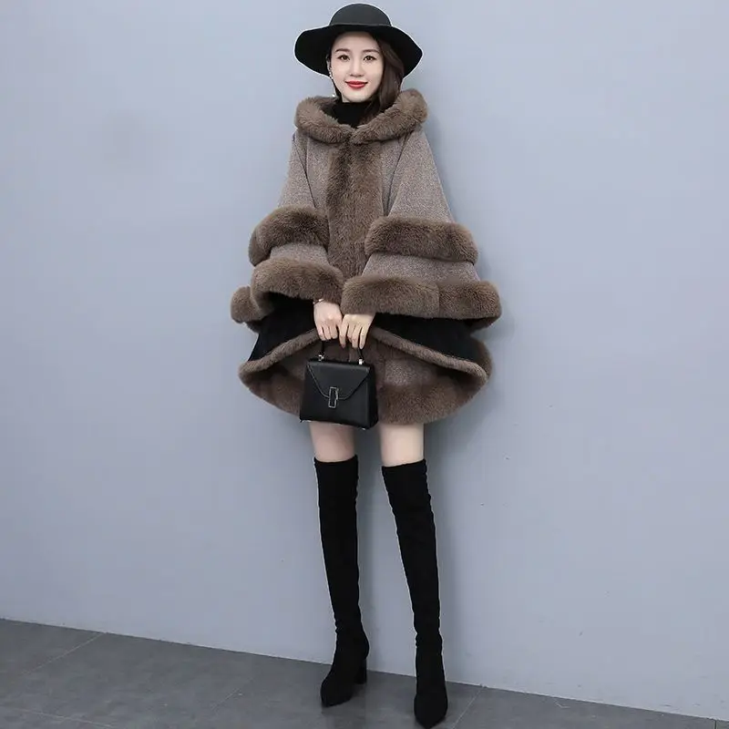 New Autumn Jacket Cloak Women Clothing Woolen Coat New Fashion Shawl Fur Collar Bright Line Decoration Poncho Winter T69