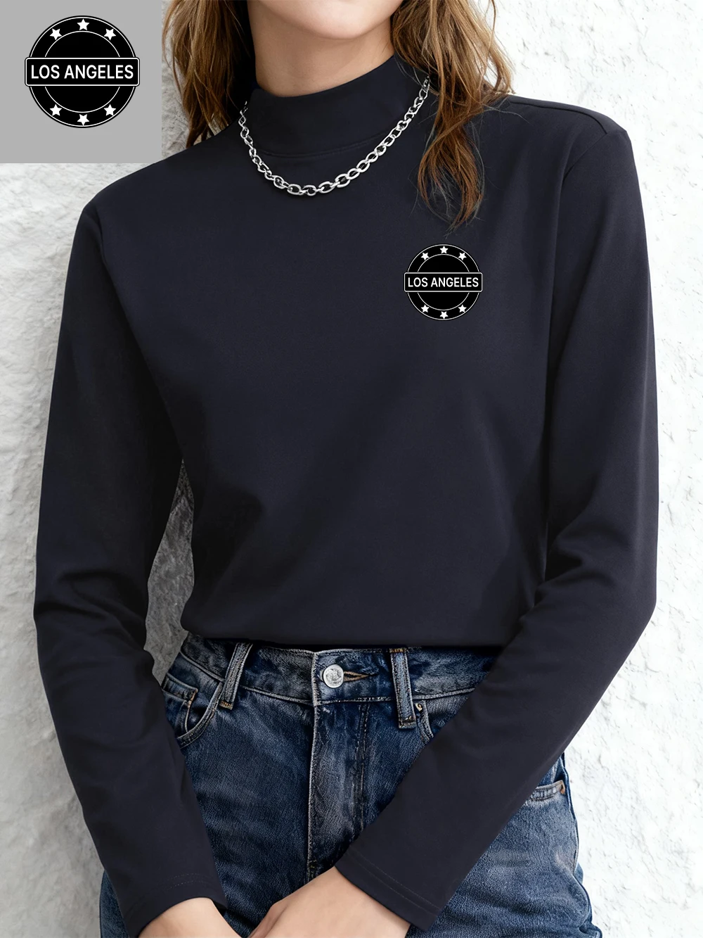

Los Angeles Printed T-Shirts Women Autumn Long Sleeves Bottoming Shirt Warm Half Turtleneck Slim Fit Tops Basic Woman Clothes
