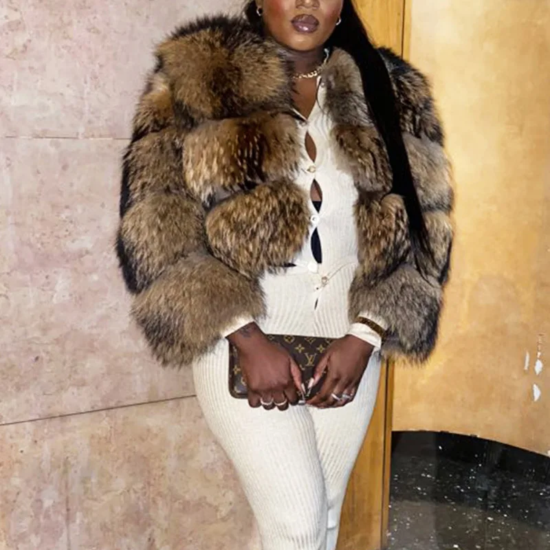 Plus Size Tops Brown Fur Maomaokong Women's Outerwear Natural Raccoon Real Fur Coat Winter Jacket Female Clothing 4XL