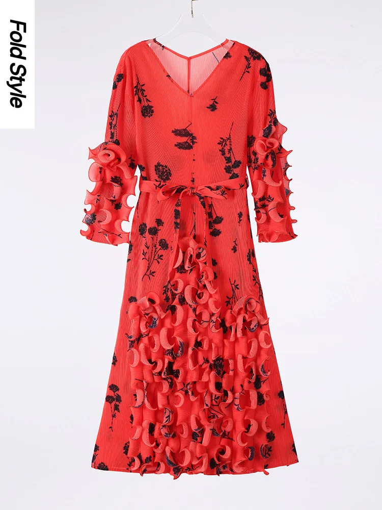 

Miyake Pleated Print Fungus Dress Women Temperament Lace-up A Line Niche Design New 2025 Festival Medium Long Dresse