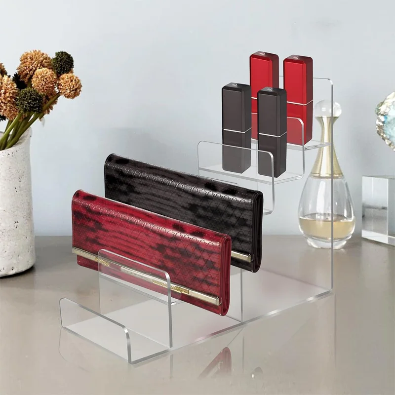 Multi-layer Wallet Display Stand, Clear Jewelry Display Rack with Transparent Vertical Tubes, Greeting Card Holder, Thickened Durable Crystal Clear Organizer Rack. Stable display holder for wallets, glasses, jewelry