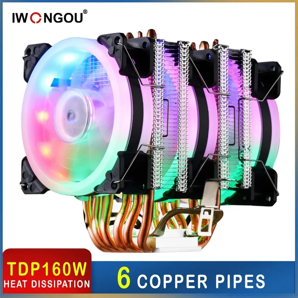 IWONGOU CPU Coller 6 тепловых радиаторов 160 Вт эффективный охлаждающий вентилятор Cpu 4Pin Tower Cooler для Intel LGA 2011/1366/1700/AMD/AM4