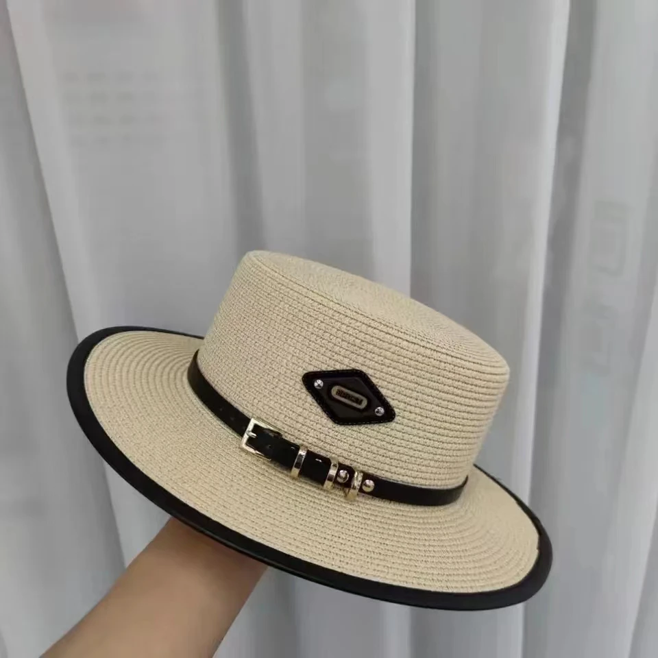 Trendy Luxury Designer Belt Buckle Flat Top Hat Summer Ladies Travel Sunshade Big Brim Straw Hats Retro Women Casual Bucket Cap