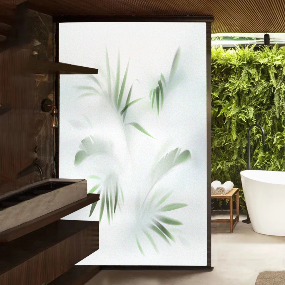 

Non-glue Static Cling Sun Blocking Privacy Glass Window Frosted Film Hazy Greenery Pattern Bathroom Window Decoration Sticker