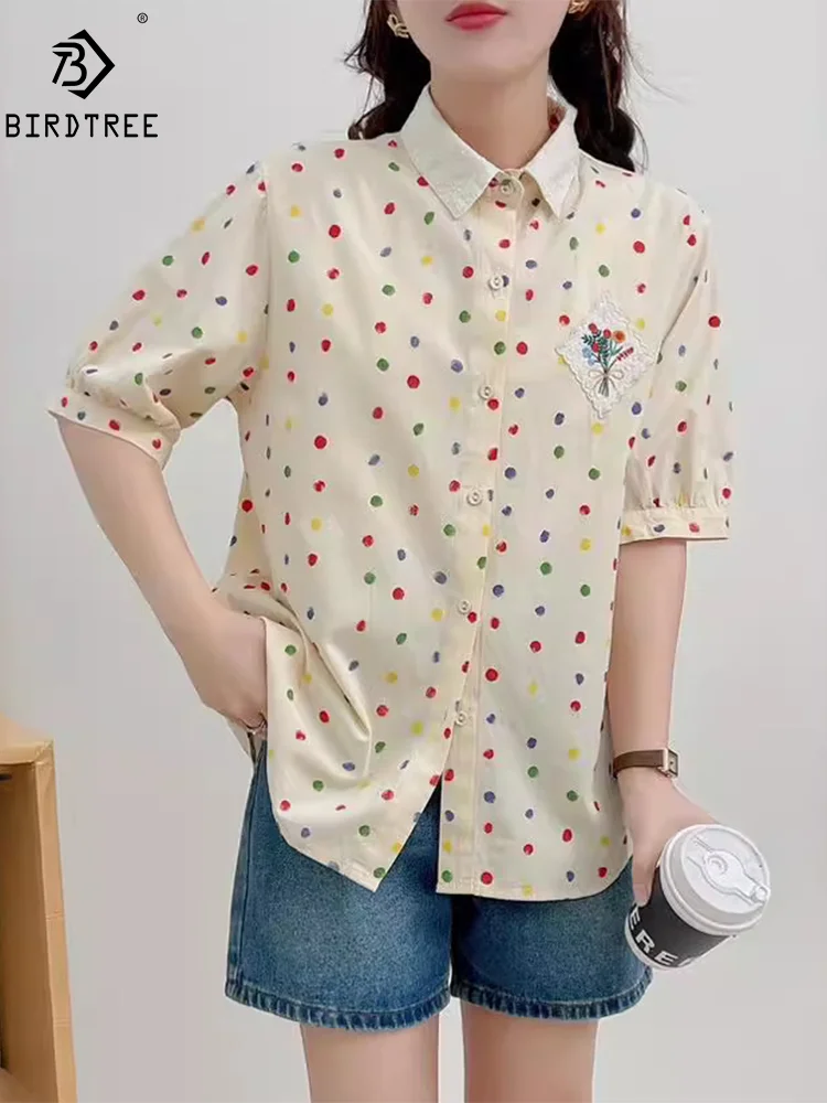 

New Spring Cotton Sweet Dots Shirt Women Short Sleeve Turn Down Collar Embroidery Top Girl OL Loose Blouses 2024 Summer T44799QM