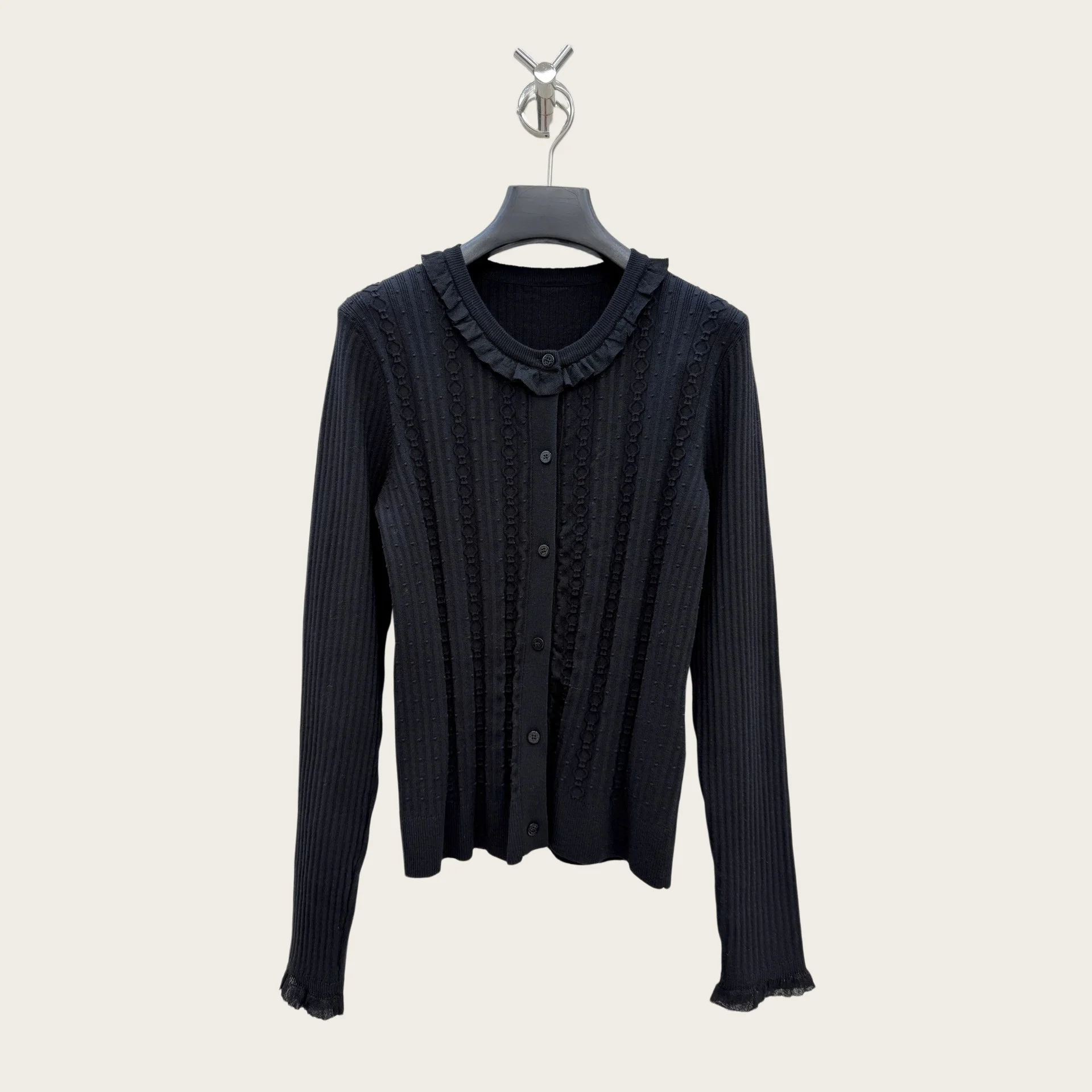 Women's 2026 Autumn Winter New Ruffle Neck Jacquard Knit Cardigan Slim Fit Outerwear