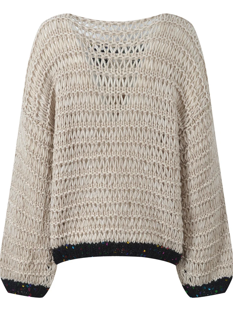 

High-End European Sle Retro Geometric Embroidery Openwork Sequin Loose Faionable Sweater Versatile Knitted Top for Women