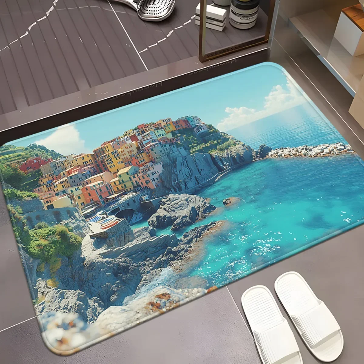 1Pc Coastal Town Sea View Doormat Non-Slip Absorbent Microfiber Rug Bathroom Bedroom Outdoor Entrance