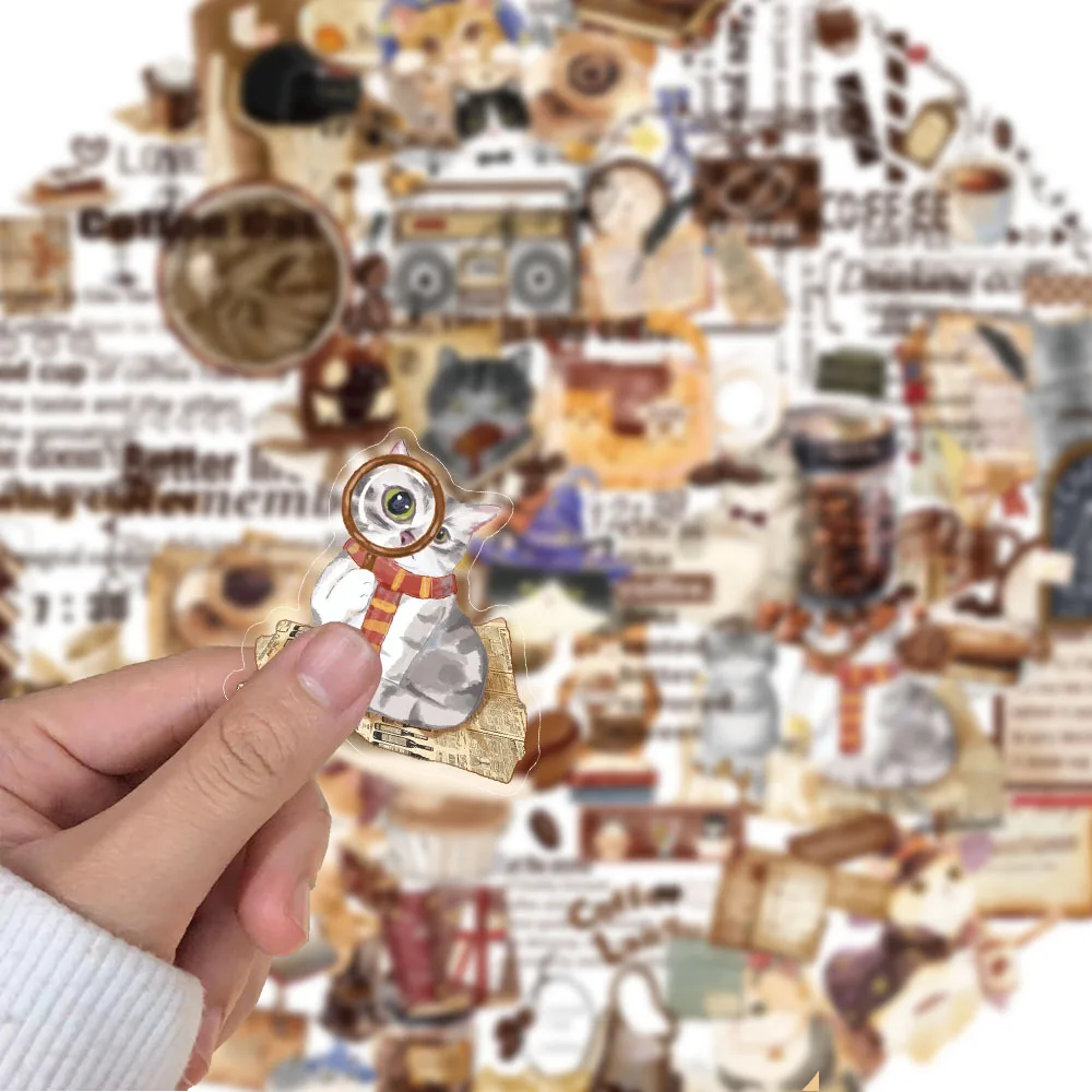 6PCS Creative Coffee Cat Language Cute Transparent PET Material Stickers Decorative Phone Cases Notebook Water Cup Stickers