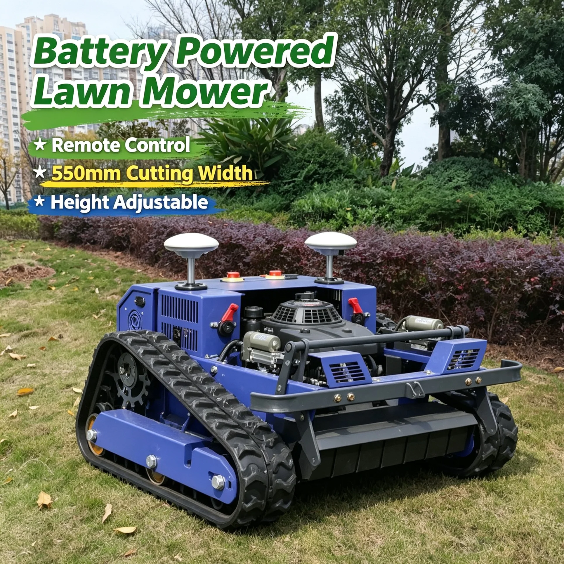 Customized  intelligent self-propelled lawn mower adds GPS module, tracked remote design prevents slipping during 550mm