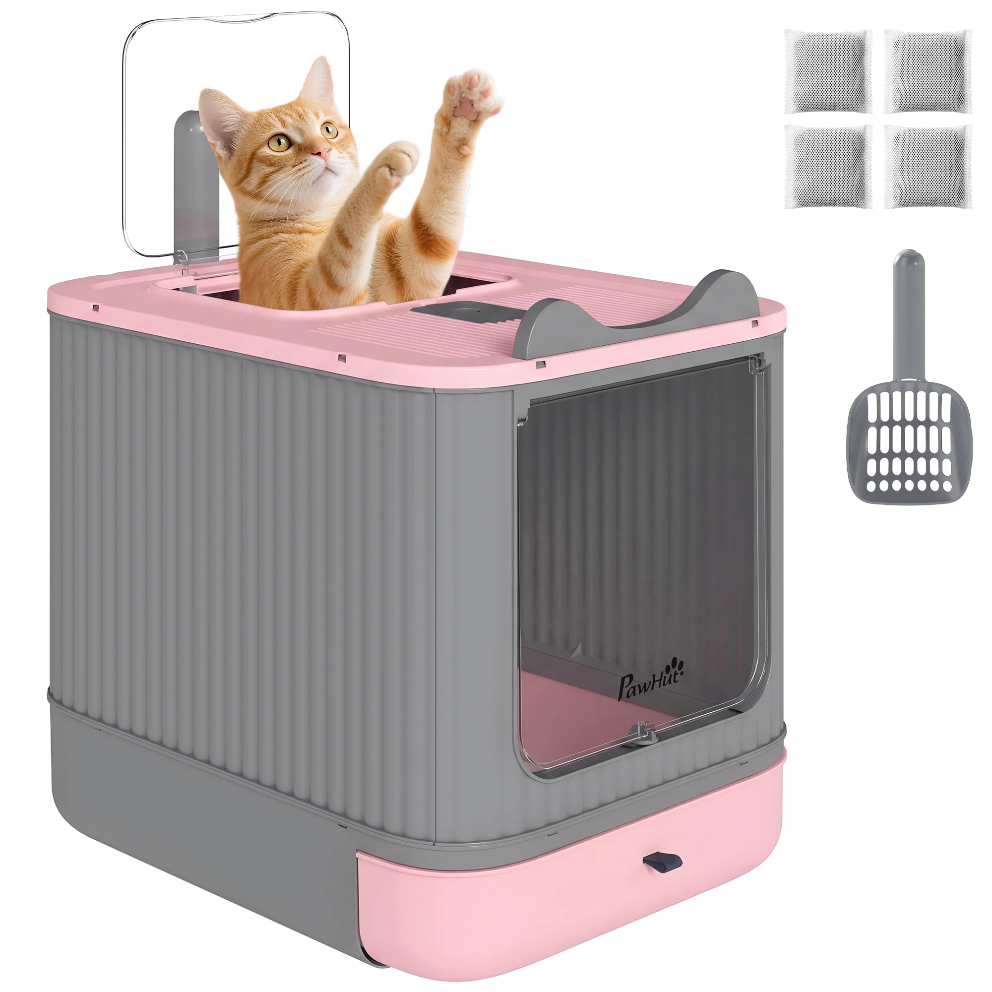 

Cat Litter Box with Lid, Enclosed Litter Box for Medium Cats, Front-Entry and Top-Exit, Scoop, Deodorizer Bag, Pink
