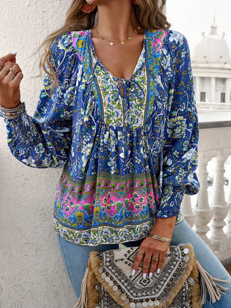 Fitaylor Spring Autumn Women V-neck Puff Sleeve Floral Print Shirt Lady Casual Long-sleeve Top