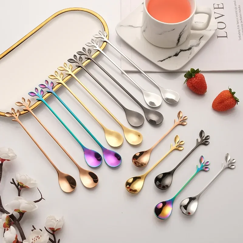 Gold Long Handle Spoon Stainless Steel Leaf Teaspoon Nordic Mini Stirring Spoons Small Fork for Dessert Coffee Honey Home Decor