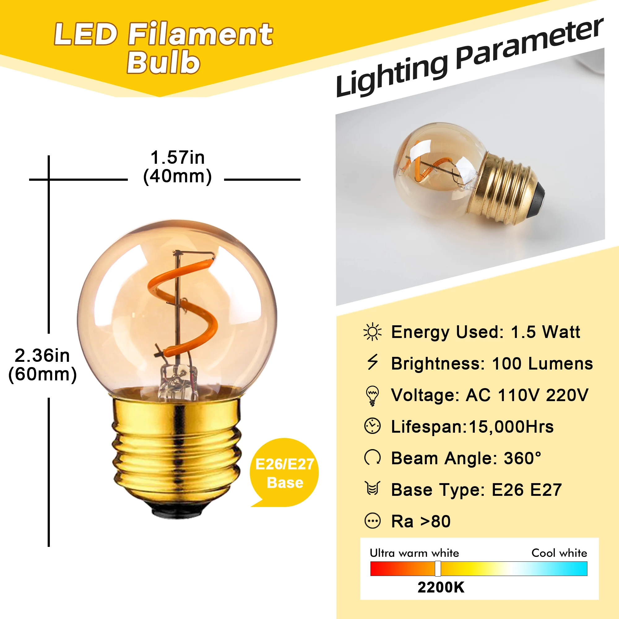 G40 1.5 واط دوامة Led خيوط مصابيح كهربائية ليلية E27 قاعدة 110 فولت 220 فولت الرجعية العنبر الزجاج عكس الضوء اديسون لمبات لمصباح طاولة السرير