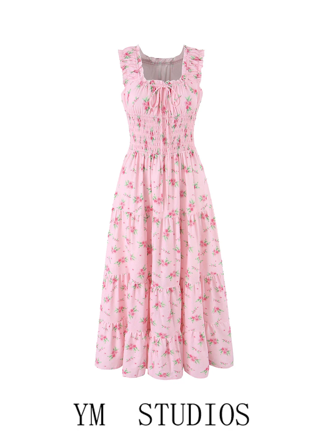 Sweet Style Pink Floral Print Square Neck Slimming Waist Long Dress Women's Summer Vacation Casual A-Line Dress Midi Dress