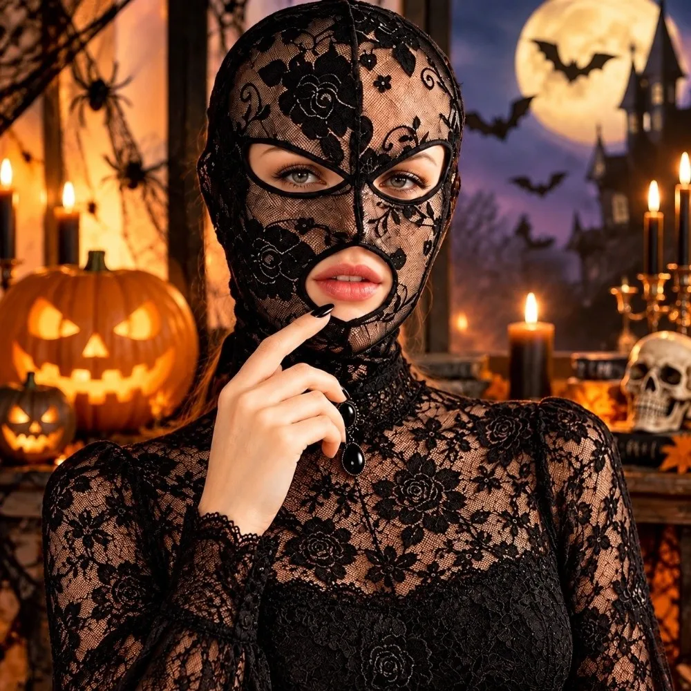 Vintage Halloween Head Cover Quick-dry Elegant Gothic Lace Mask Cosplay With Eye Mouth Openings Unisex Full Face Headgear Party