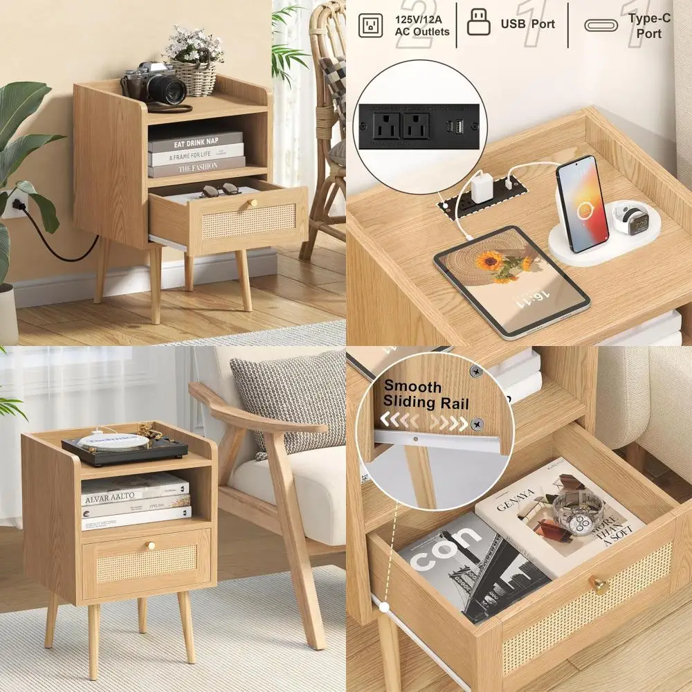 

Boho Rattan Nightstands Duo with Charging, Solid Wood Legs, Natural for Small Spaces