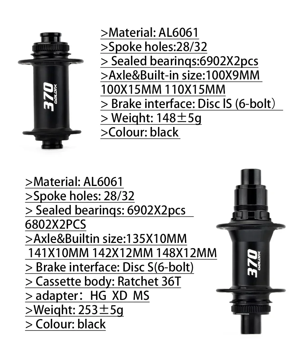 GOLDIX M370 Mountainbike-Nabe 36T Ratchet Fahrradnaben 28 Loch J-Bend Speichen Center-Lock Scheibenbremse HG/XD/MS 4 Stück Gedichtete Lager – Detail 5