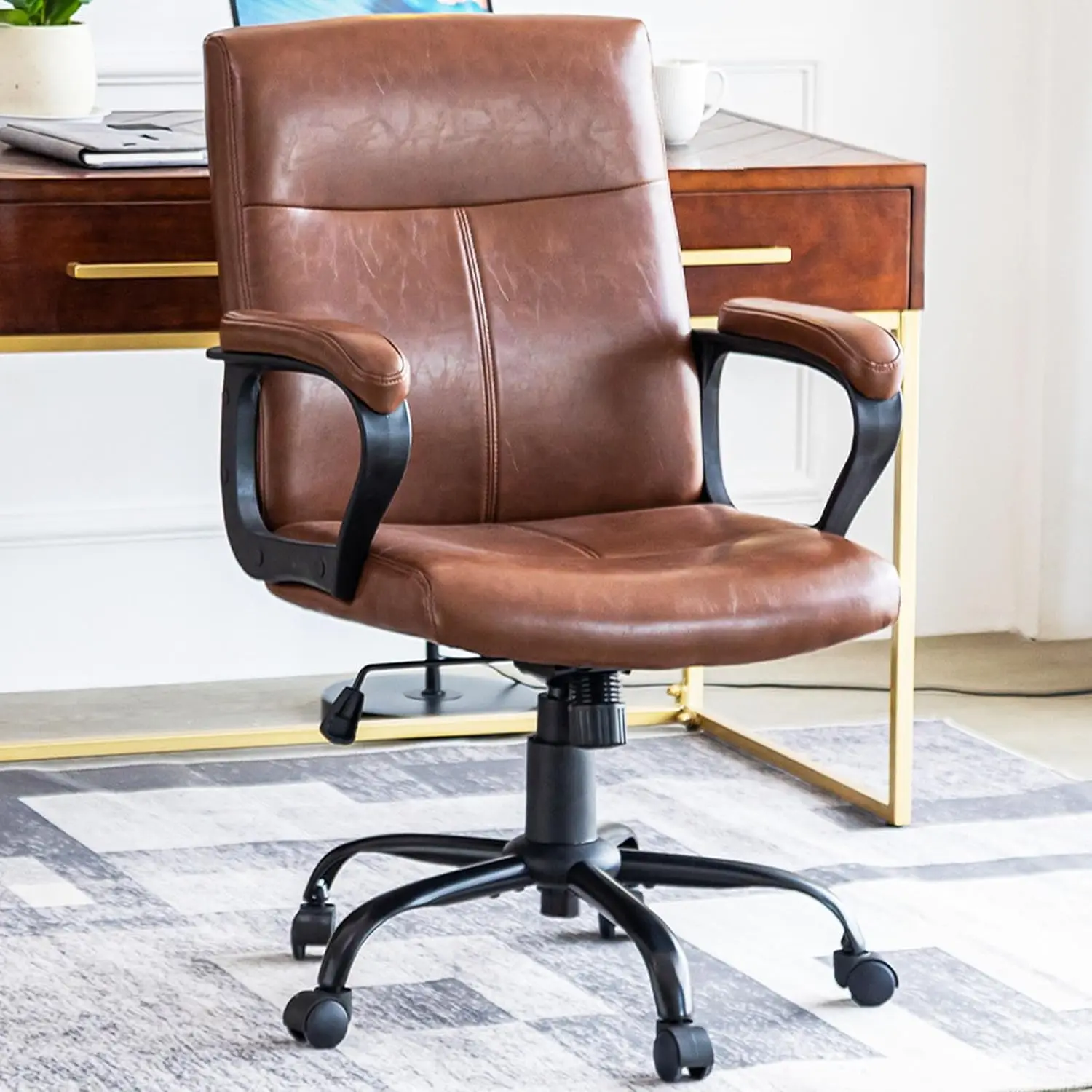 Stylish Brown Leather Office Chair with Armrest, Ergonomic Mid Back Desk Chair, 30° Tilting Backrest-400lbs Capacity Upholstered