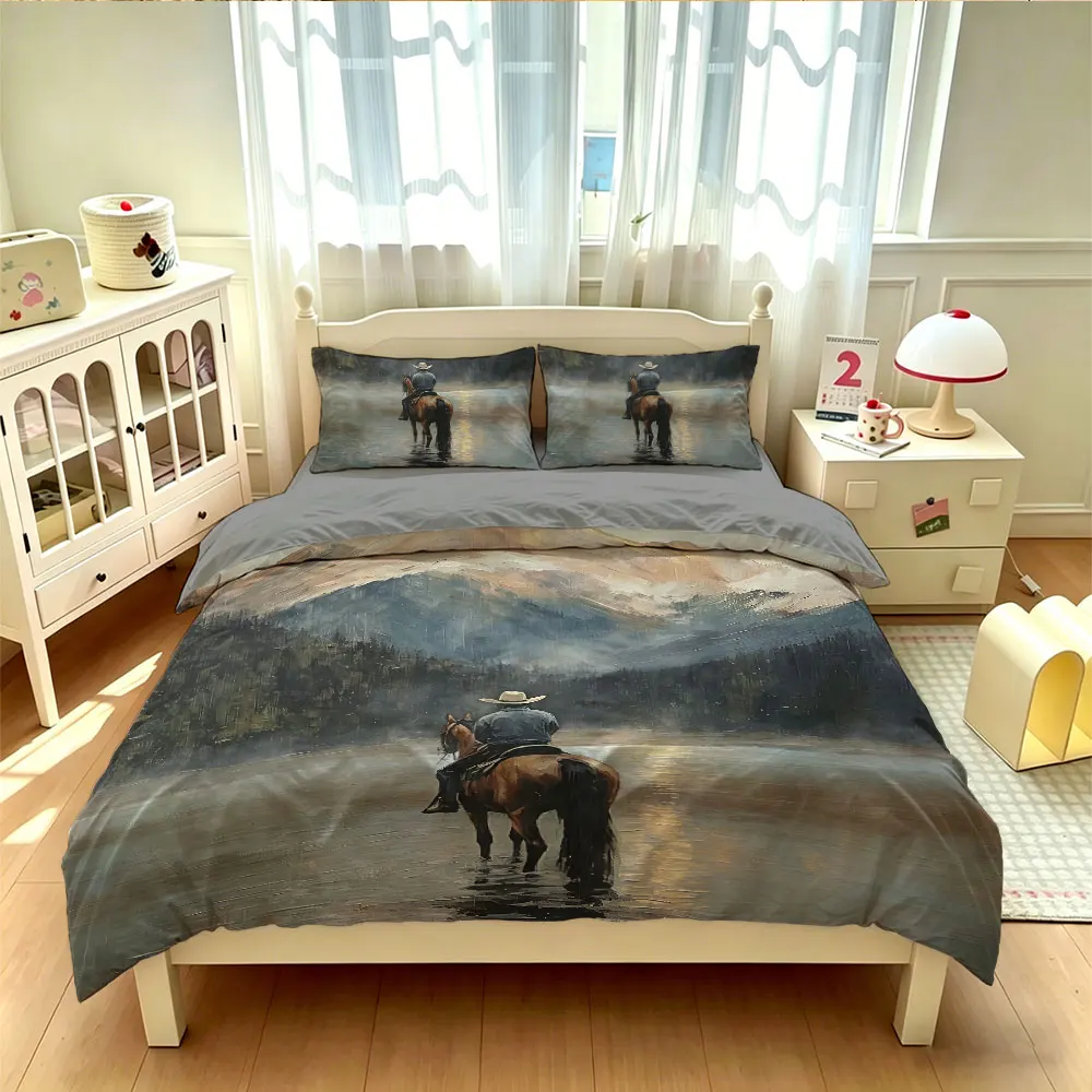3pcs Oil Painting Mountain Lake Horseback Riding Cowboy Bedding Set 1 Duvet Cover 2 Pillowcases No Comforter Included Soft Co