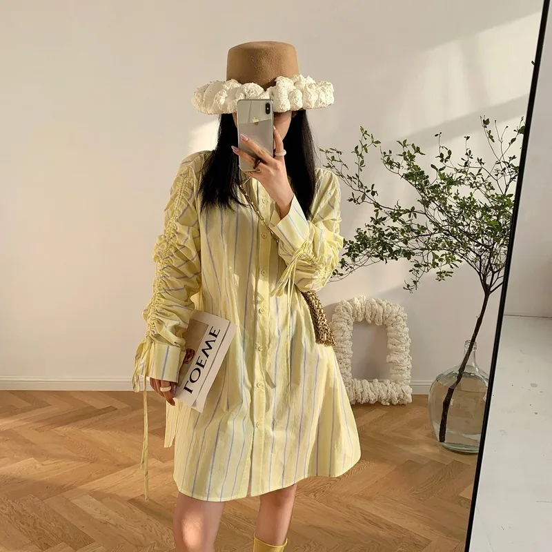 

New Spring and Autumn 2024 Fashion Pleated Sleeve Salt Striped Skirt Mid-length Women's T-shirt Oversized T-shirt Y2k Aesthetic