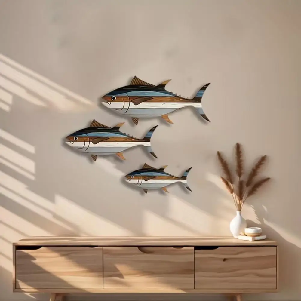 

3 Pcs Wooden Fish Wall Art Nautical Coastal Theme Marine Style Wood Wall Hanging Sculpture for Home Bathroom Bedroom Decoration