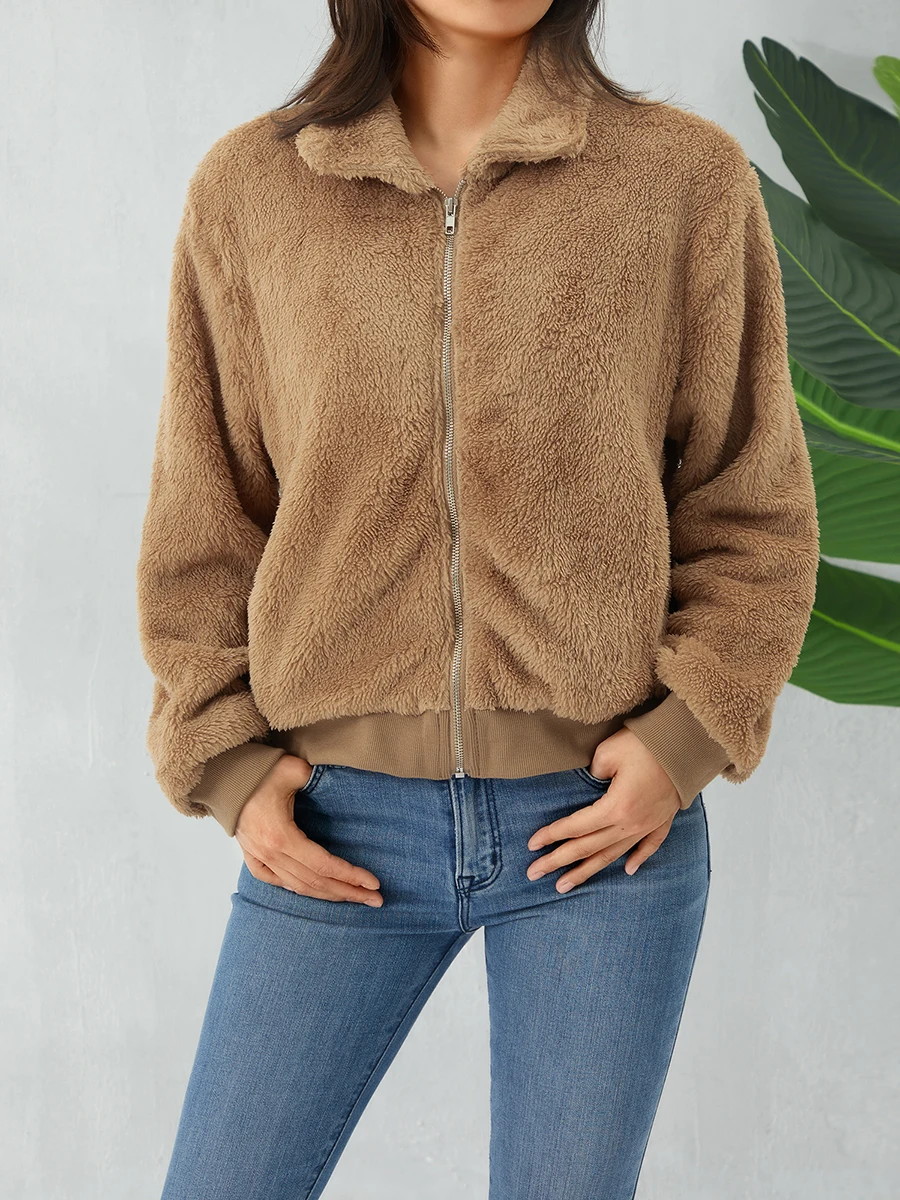 Nueva moda mujer abrigo de invierno Color sólido cremallera hasta chaqueta con cuello doblado manga larga cálido mullido polar traje de primavera gran oferta