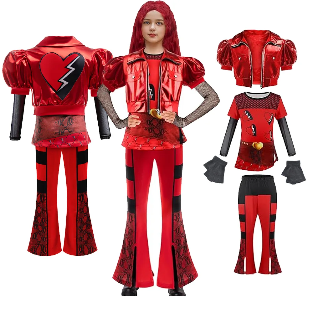 

Disguise Girls Top jacket trousers and Gloves Outfits 5PCs Sets Descendants Deluxe Costume Rise Red Movie Outfit Carnival Easter