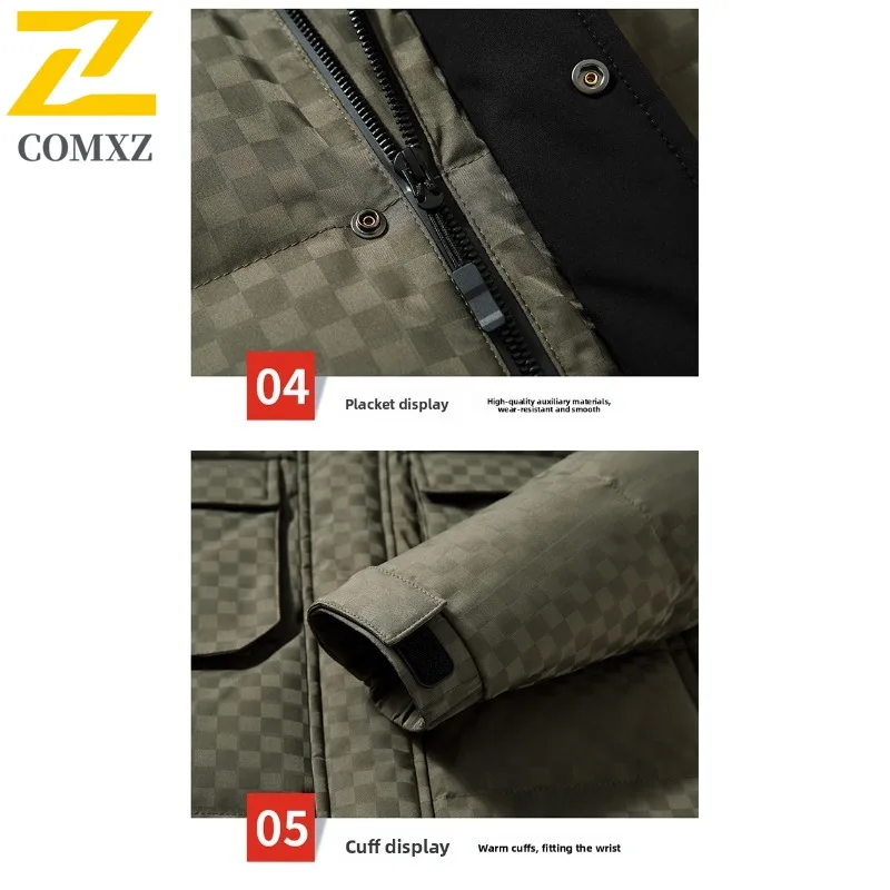 COMXZ Men Puffer Coat Leisure Hooded Outdoor Snow Skiing Windproof Warm Parka Lattice Design Travel Cold Protection Winter Coat