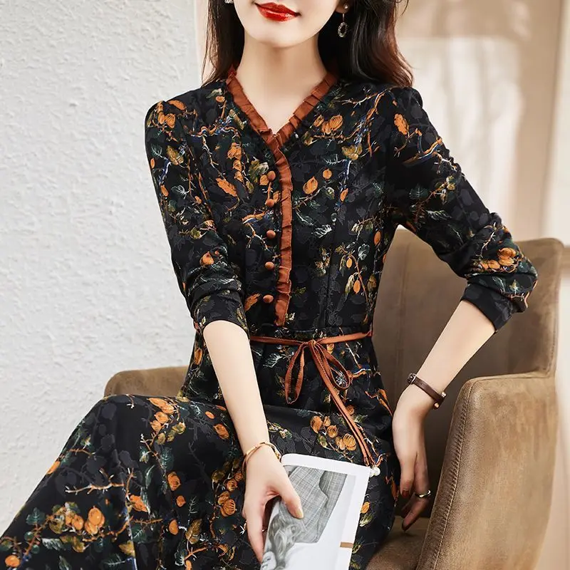 

Vintage Printed Spliced Bandage Ruffles Floral Midi Dress Women's Clothing 2024 Spring New Loose Office Lady Ladies Dresses