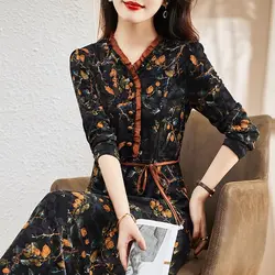 Vintage Printed Spliced Bandage Ruffles Floral Midi Dress Women's Clothing Spring New Loose Office Lady Ladies Dresses