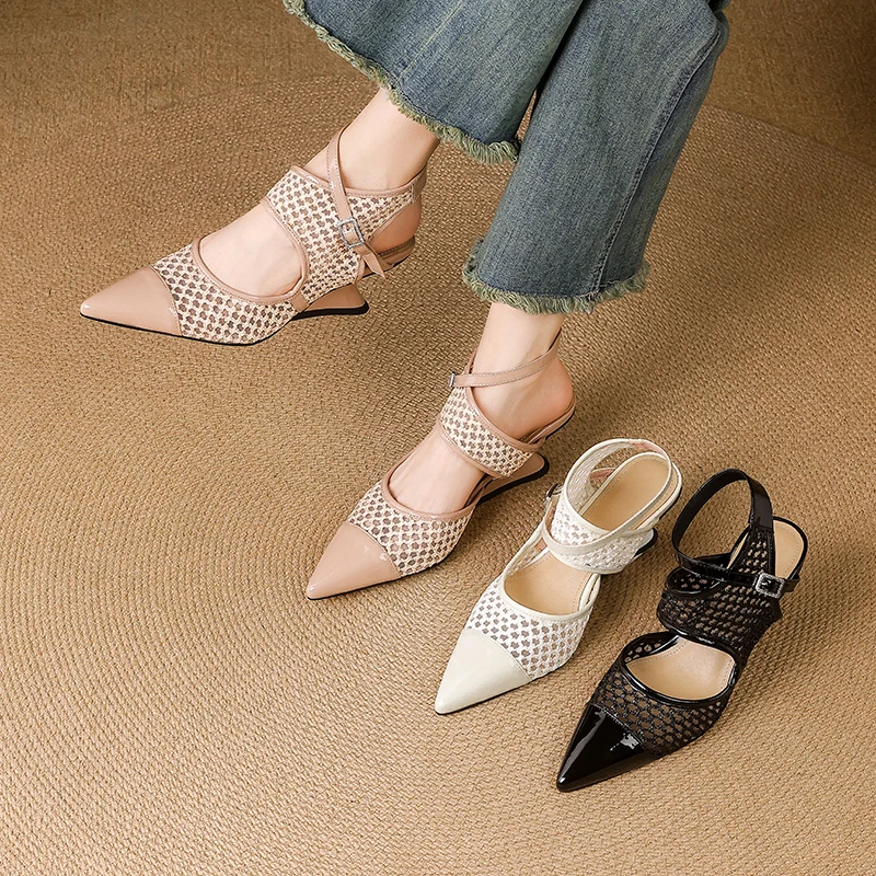 2026 new summer women sandals natural leather 22-25cm cowhide+mesh+sheepskin+pigskin hollow-out ankle-buckle women shoes fashion