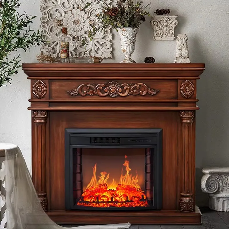 American retro decorative fireplace cabinet carved European-style villa living room simulation flame mantel heating furnace heat