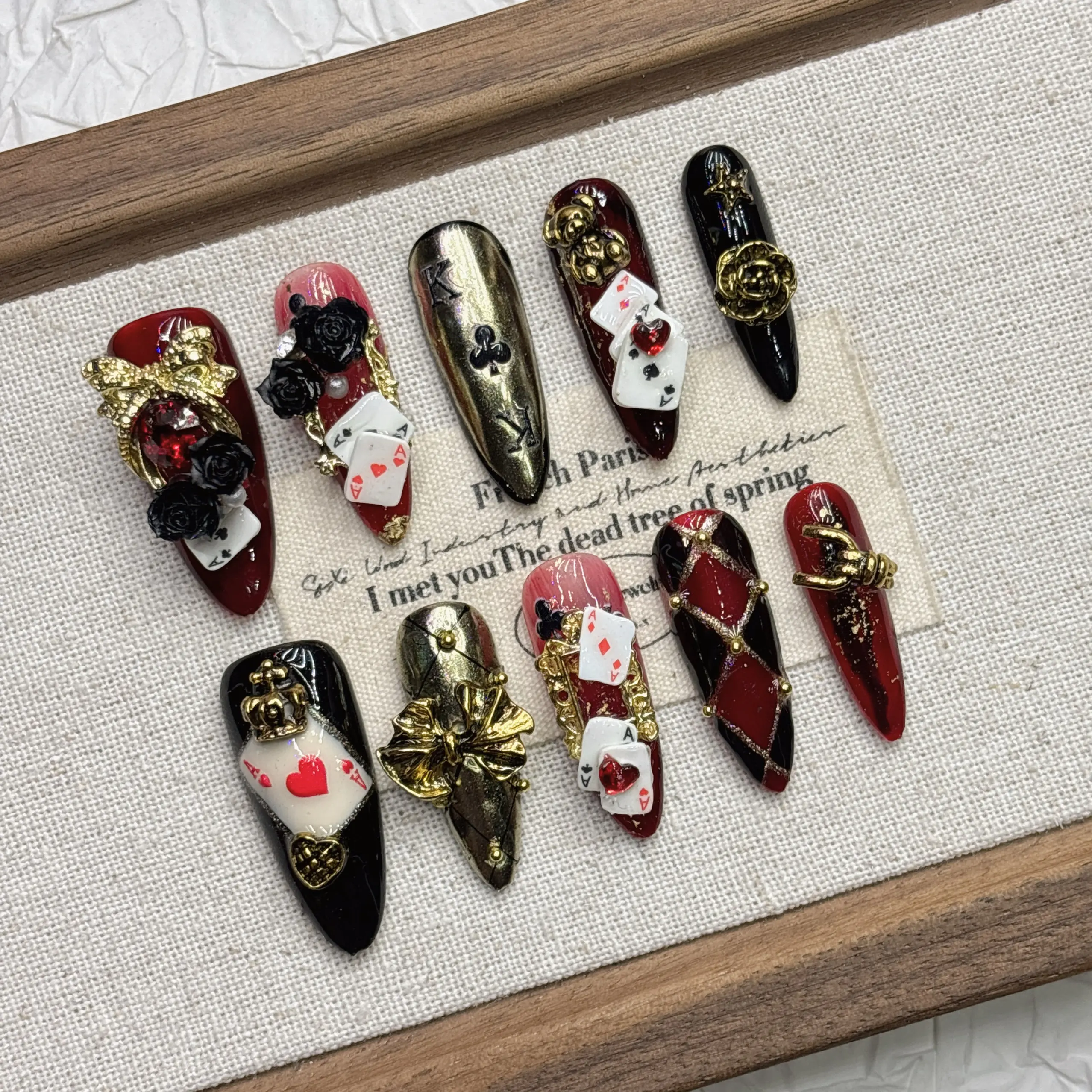 10Pcs Gothic Alice Poker 3D Heavy Metal Coffin Press On Nails, Wine Red Black Gold Rhombus Fake Nails With Poker Cards Black Ros