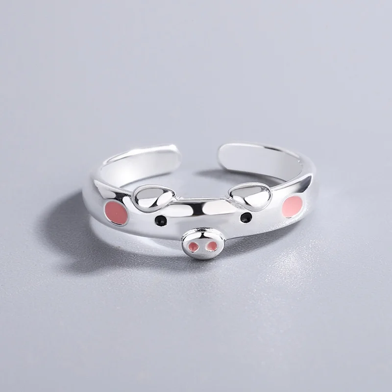 Uini-Tail hot new 925 sterling silver cute pig opening adjustable ring fashion sweet pink pig drop rubber ring high quality