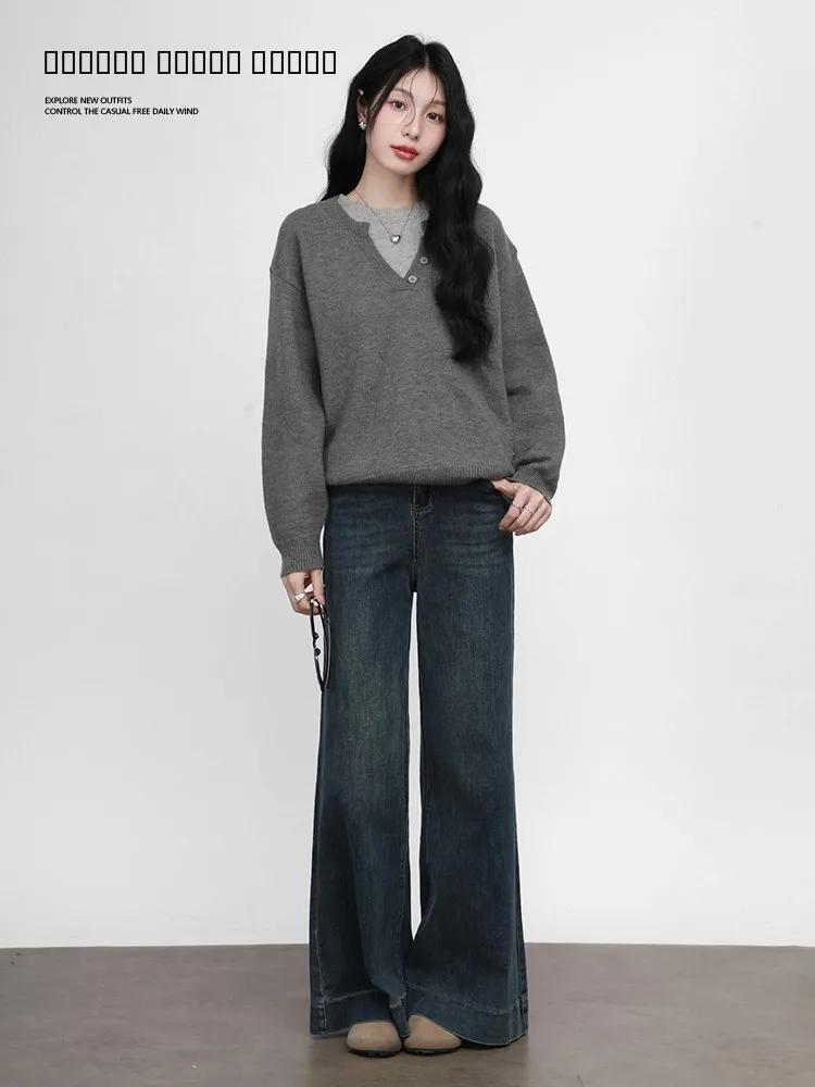 

Женский повседневный свободный вязаный свитер Ele ey на осень-зиму, имитация двухслойности, V-образный вырез, длинный рукав, модный