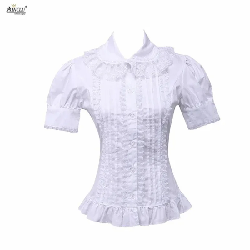 Ainclu Algodão Branco Babado Renda Renderização e Desgaste Exterior Blusa Lolita de Mangas Curtas Plus Size