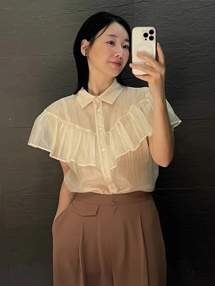 

Gagarich Summer French Age Reducing Collar Ruffle Edge Embellishment Slightly Transparent Loose Versatile Thin Chic Shirt Women