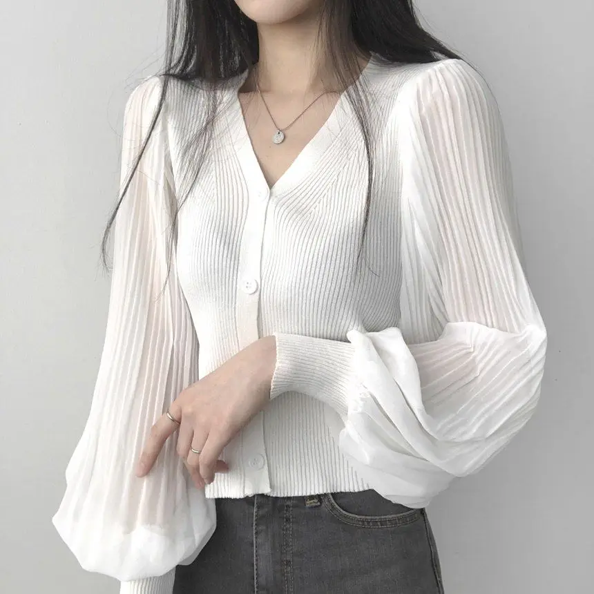 V Neck Solid Button Pleated Patchwork Temperament Tops Spring Autumn Long Sleeve Elegant T Shirts Fashion Korean Women Clothing 8 S51ef8a8dc10049e2bca08583028a2b23b