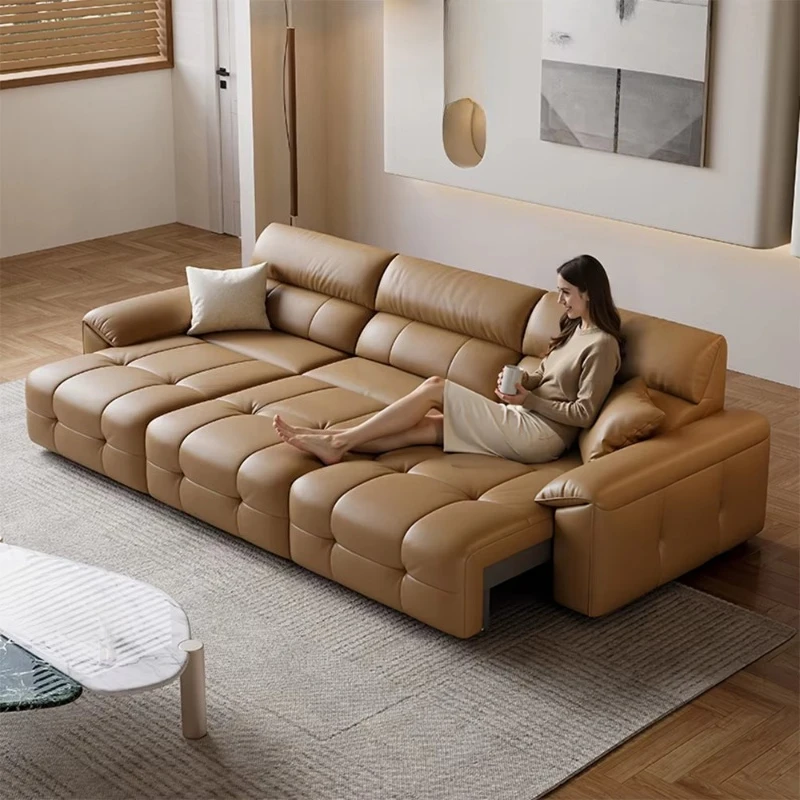 Smart Extendable L-Shape Convertible Villa Sofa Set Zero Wall Clearance Genuine Leather Motorized Sectional Electric Functional
