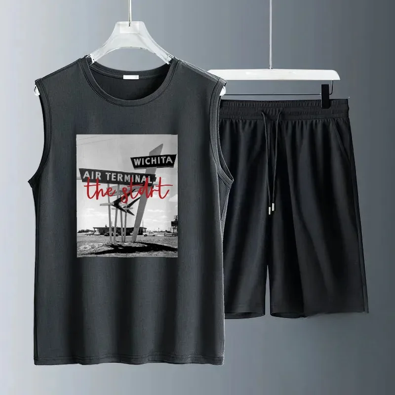 2025 Fashion Summer Sleeveless Sets Casual Trend New Print Vintage Men's tshirt and shorts Black and White Dry Gym Sports Shorts