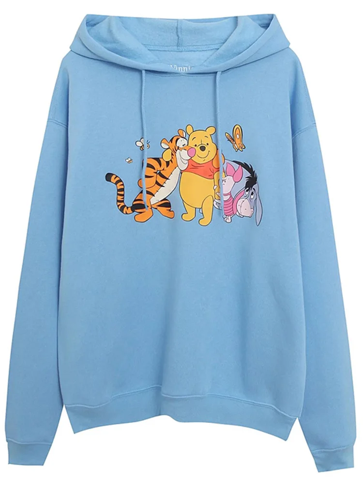 Disney Sweatshirt Front Back Winnie the Pooh Bear Tigger Eeyore Letter Cartoon Print Women Hooded Long Sleeve Fleece Jumper Tops